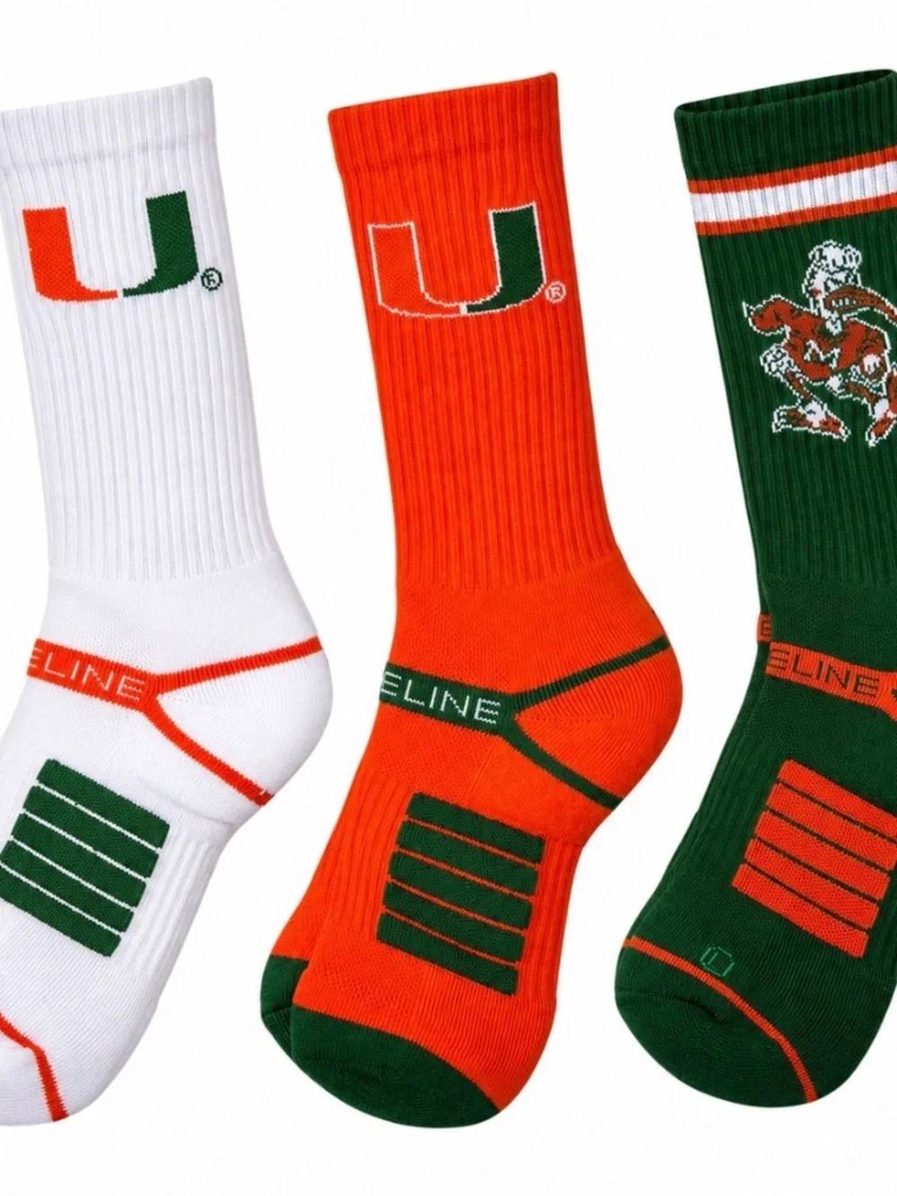 Strideline Miami Hurricanes 3 Pack Crew Socks M/L NEW